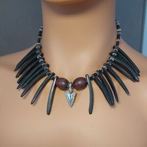 Tribal Arrowhead Wood Bead Statement Necklace